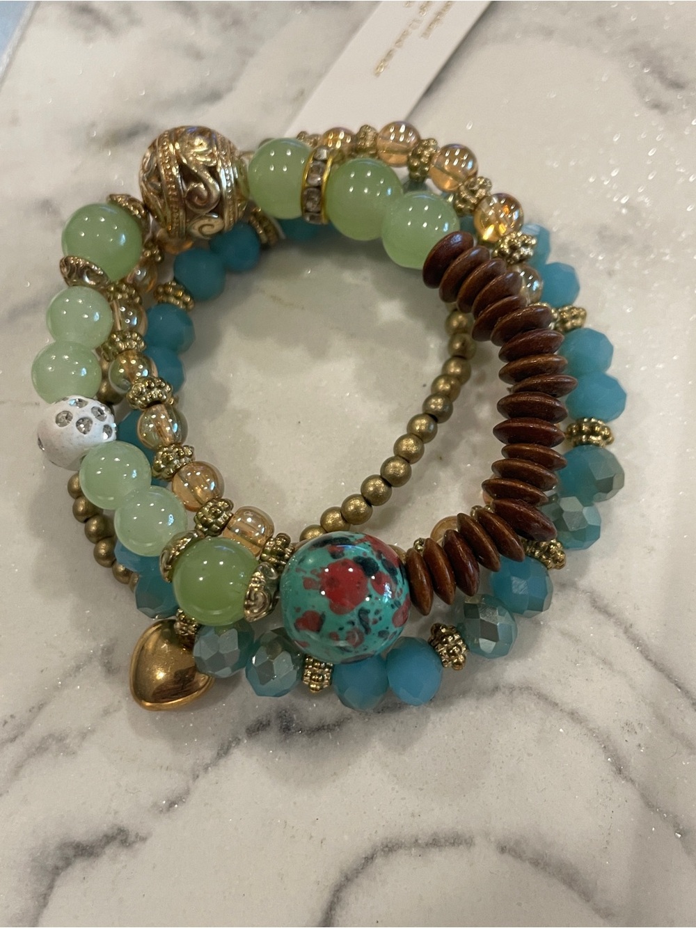 Boho Beaded Bracelet Stack Turquoise Stretch Set Green Gold Heart Charm - Picture 2 of 7
